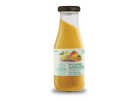 Suc Bio de ananas cu mango, fructul pasiunii şi turmeric - Dirty Organics